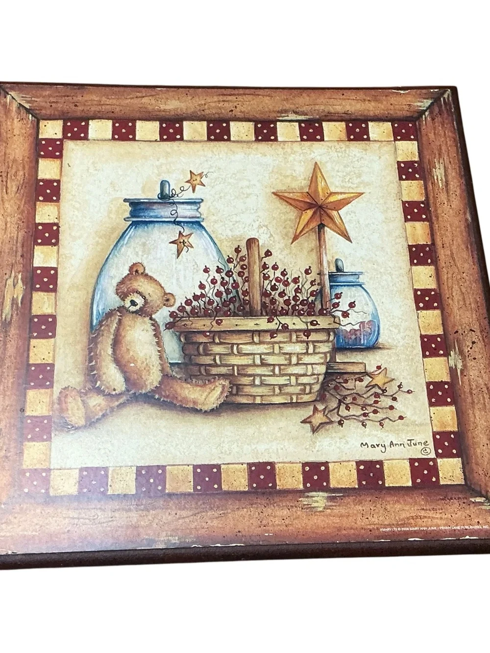 Teddy Bear & Basket Wall Art Print - Rustic Red, Cream, Brown